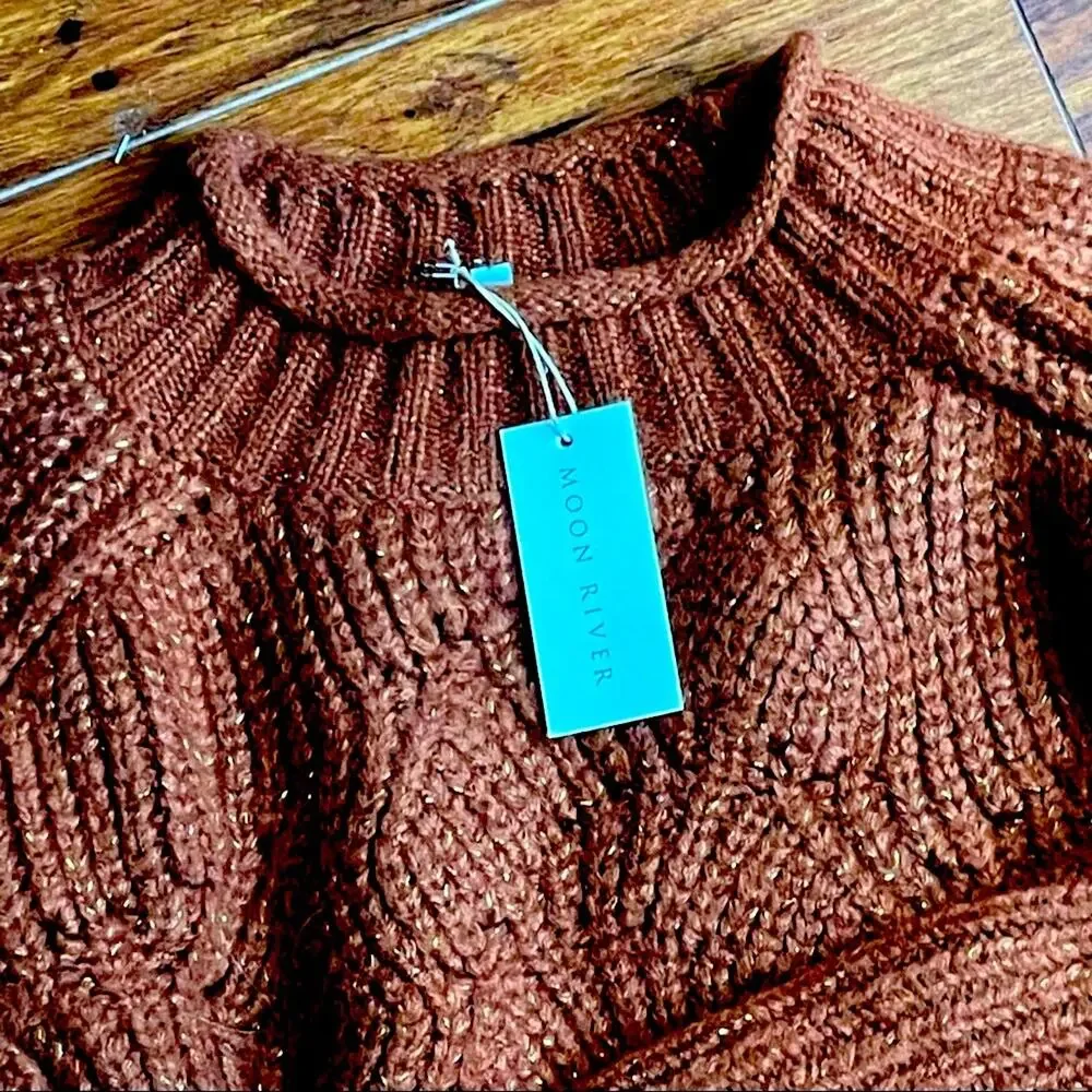 MOON RIVER Cognac Brown Metallic Gold Flecks Chunky Sweater NEW WITH TAGS LG